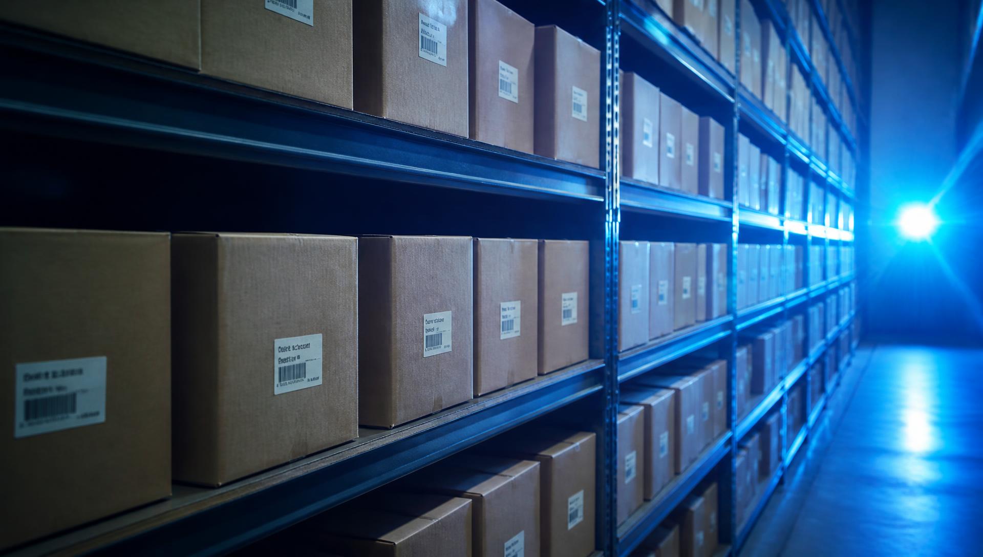 Pristine inventory boxes on a warehouse shelf.