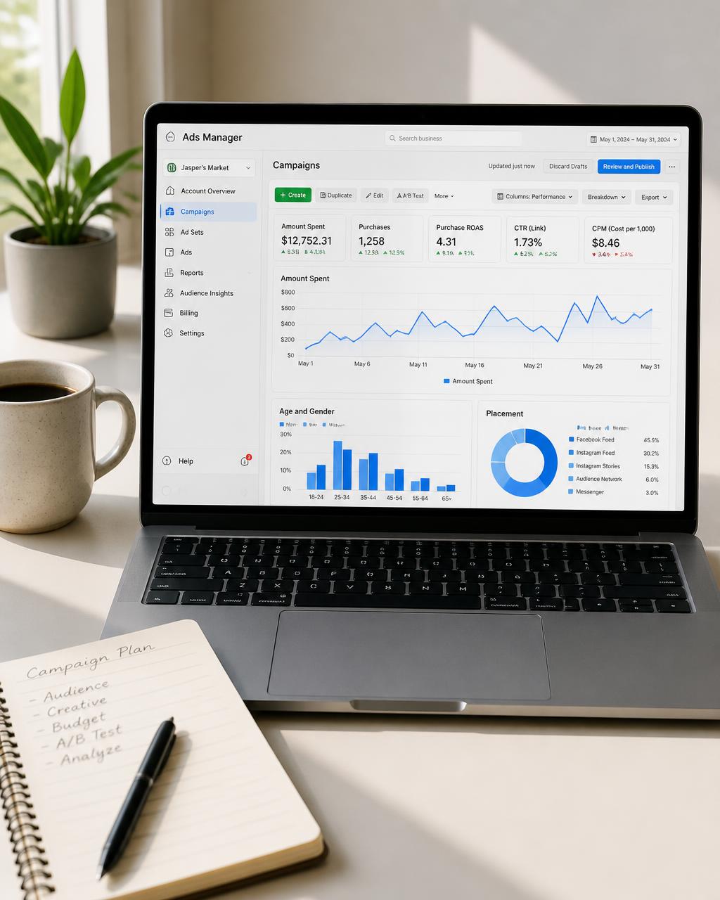 An ad manager dashboard open on a laptop on a clean desk.