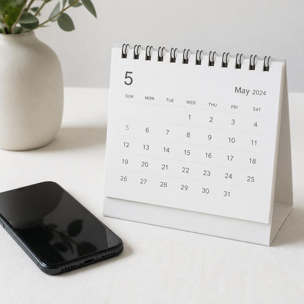 A desk calendar and a smartphone ready for a scheduled call.