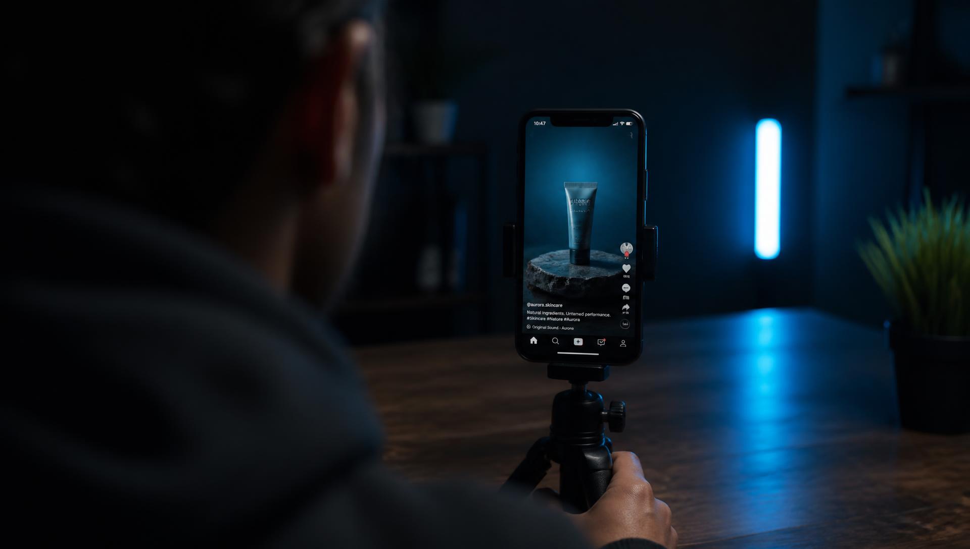 A mobile phone displaying a dynamic video feed on a tripod.
