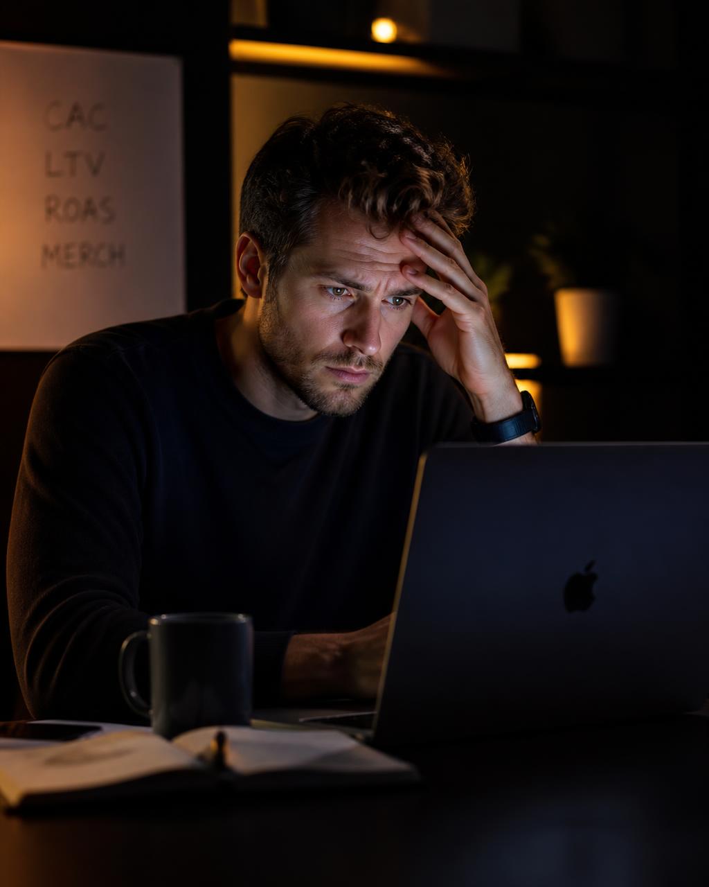 A focused DTC founder looking at an analytics dashboard.