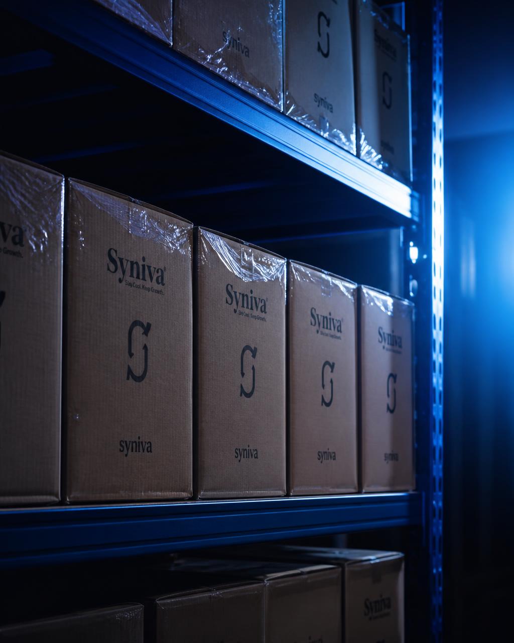 Pristine inventory boxes on a warehouse shelf under blue light.